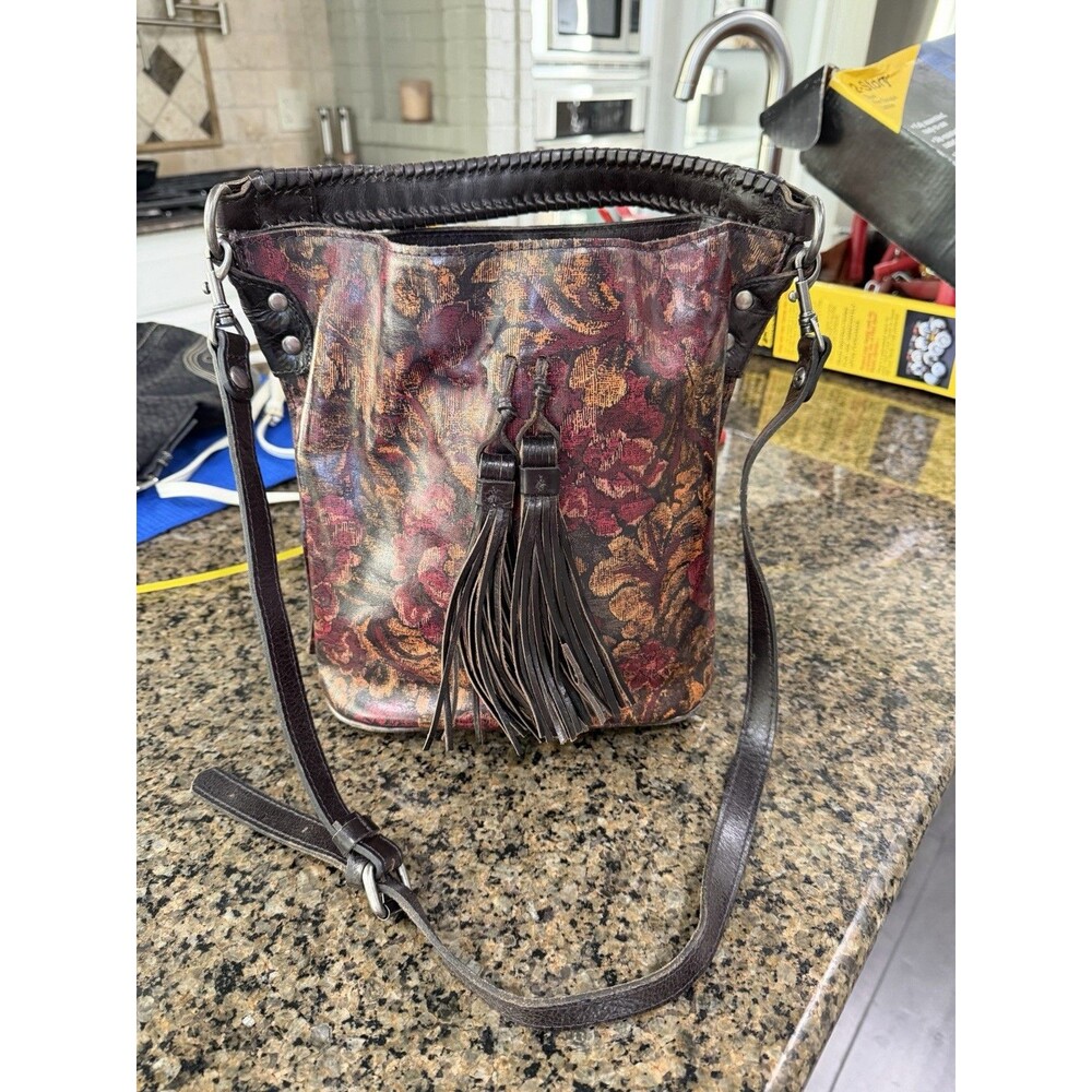 Patricia Nash Otavia Bucket Bag Vintage Floral Brocade Leather Tassel Crossbody